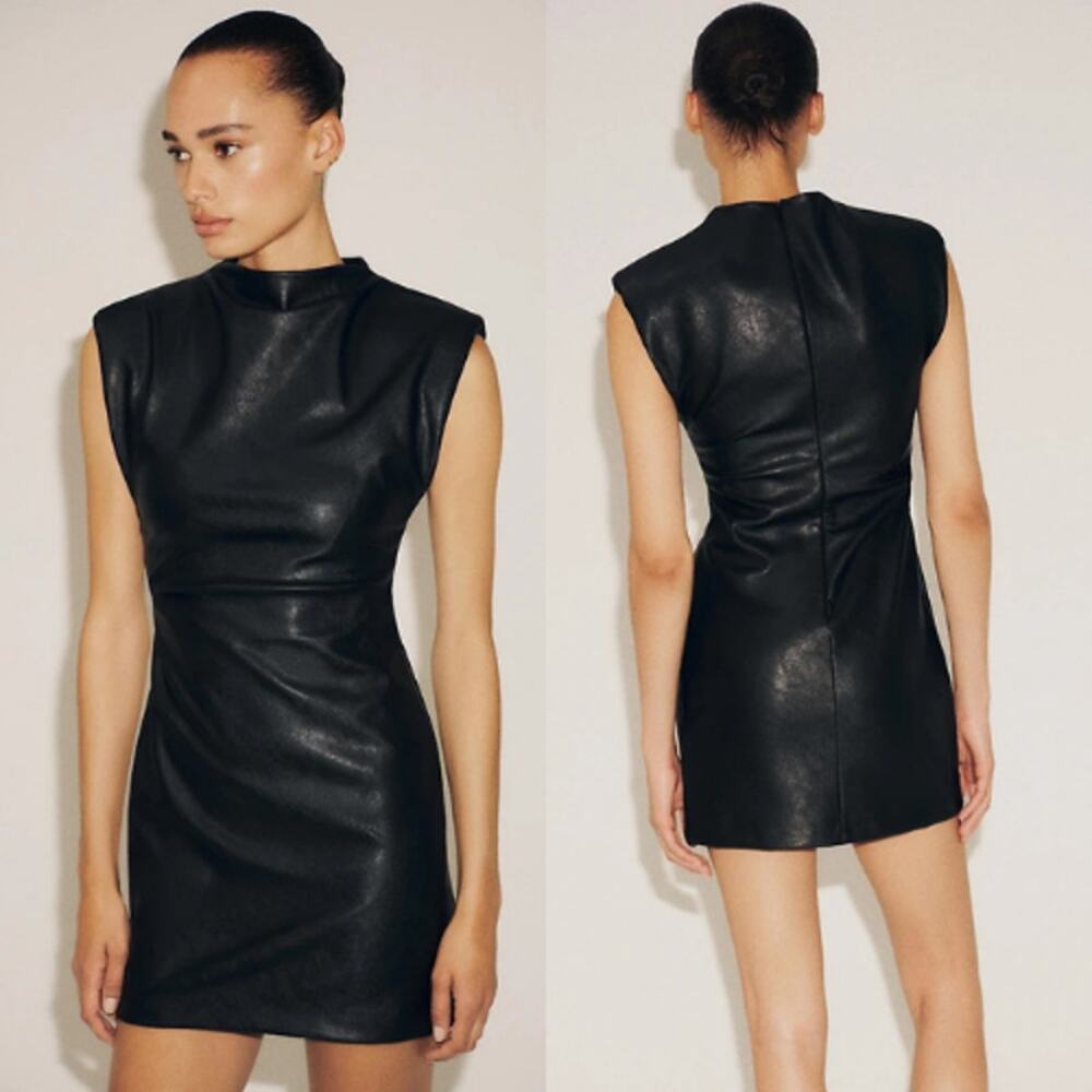 NWT Zara Zip Back Padded Shoulders Faux Leather Mock Neck Mini Dress Size: XS